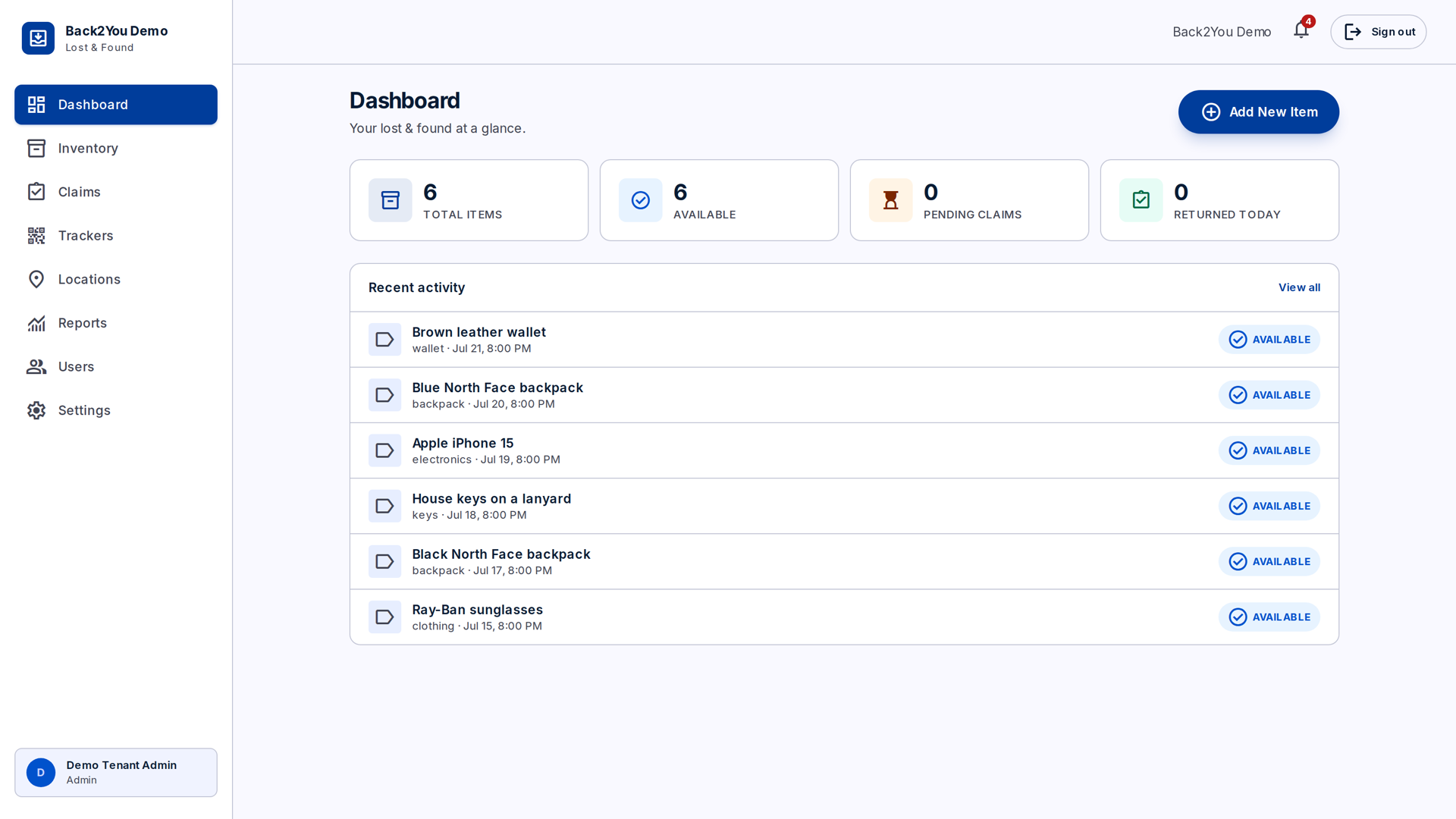 Back2You staff dashboard: stat tiles for total items, available, pending claims, and returned today, above a recent-activity list