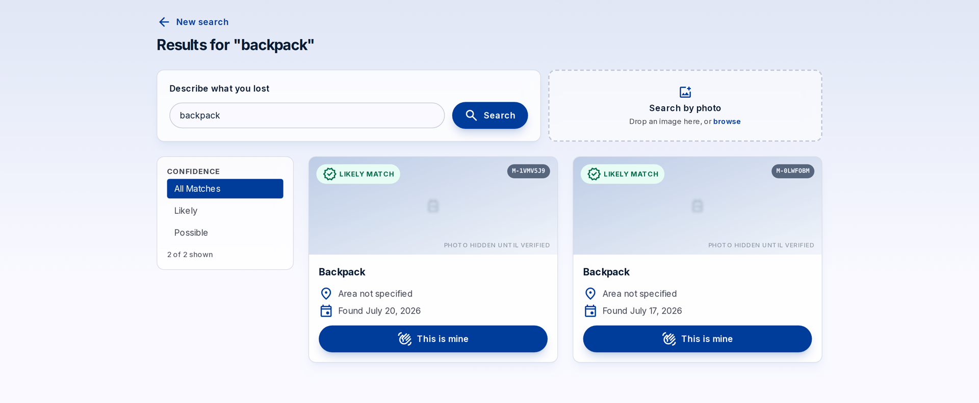 Back2You public search results: two likely backpack matches shown with photos hidden until the claim is verified