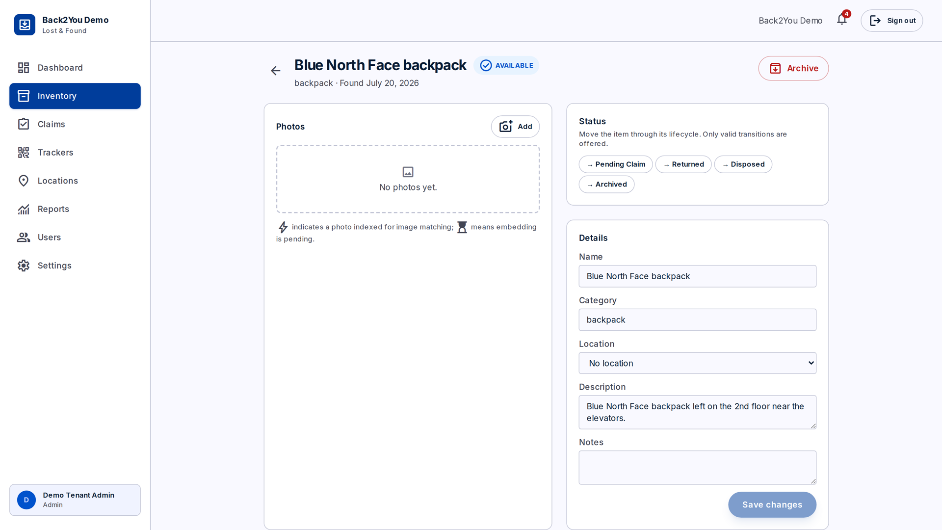 Item detail page showing photos, lifecycle status transitions, and editable details