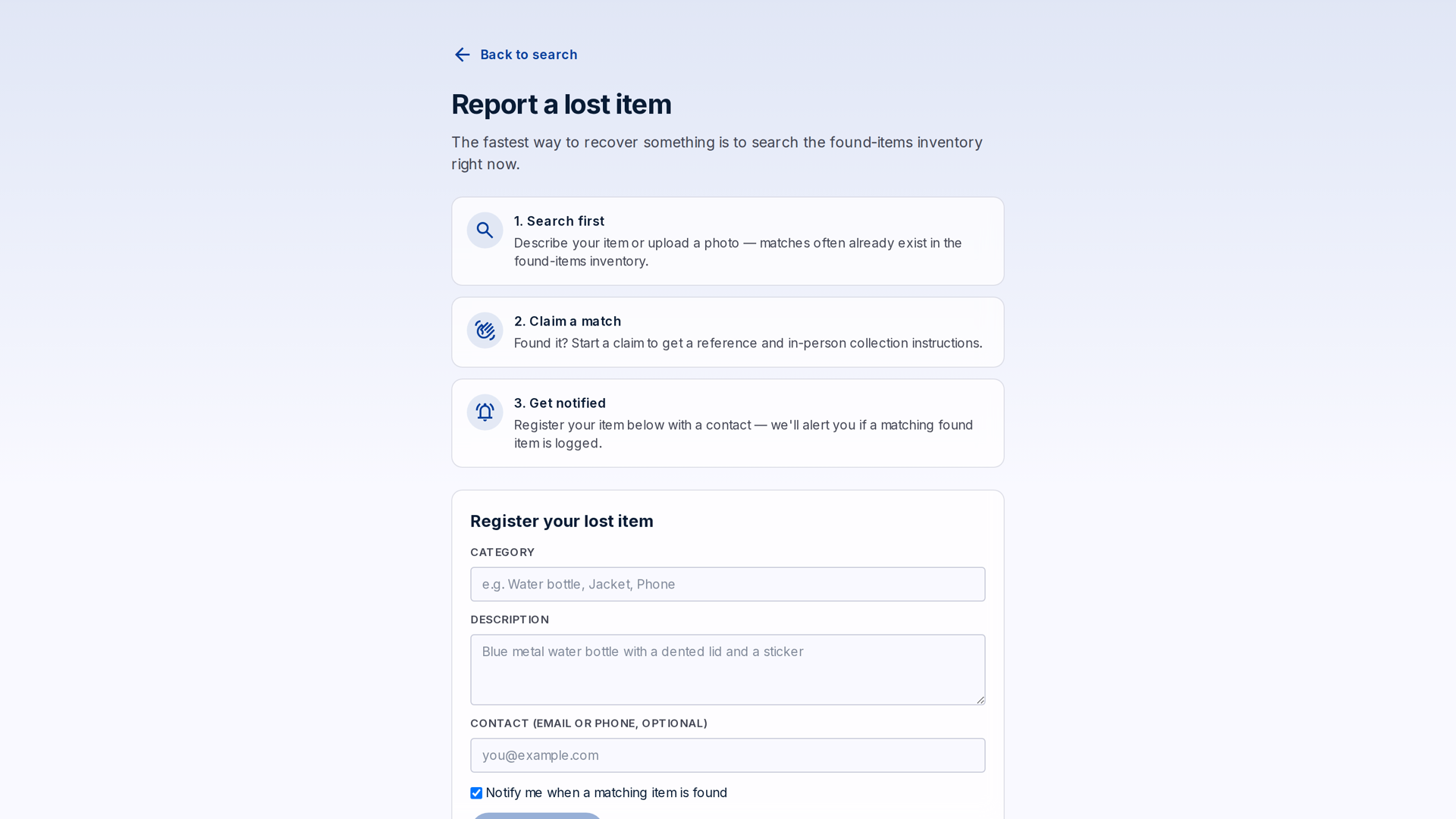 Report a lost item page with a three-step guide and a registration form